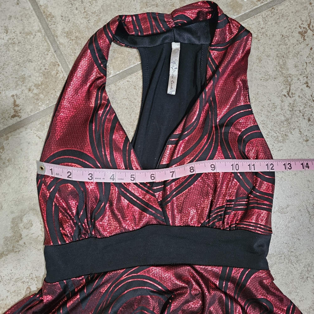 Dulce Carola Womens Large Dress Metallic Red Black Swirl Halter Iconic Goth Rave - Picture 7 of 8